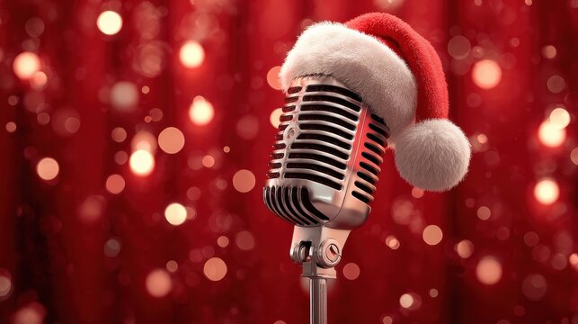 a festive vintage microphone adorned with a santa hat against a red backdrop with twinkling lights evoking a holiday atmosphere for musical performances - Powered by Adobe