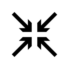 Black arrows pointing inward to a central point, forming a collapse or minimize icon symbol. clean graphic design element on white.