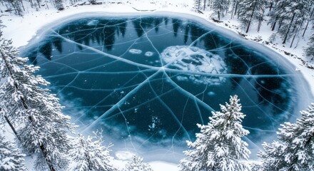 Stunning Aerial View of a Frozen Lake with Intricate Ice Patterns Surrounded by Snow-Covered Pine Trees in Winter.