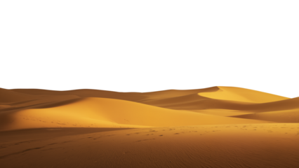 Golden desert dunes under a white sky, rich orange-brown sand forming flowing curves and shadows, a minimalist arid landscape full of texture and rhythm. transparent background.