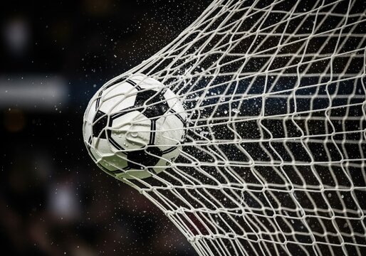 Wet football scores a goal hitting the net with explosive high speed impact.