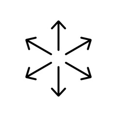 Multi-directional outward arrows radiating from a central point, symbolizing expansion, spread, and diverse possibilities, isolated vector icon.