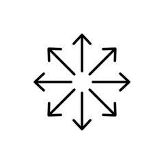 Eight arrows icon radiating outwards from a central point, symbolizing expansion, spread, multiple directions, growth, and versatile movement.