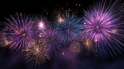 explosive bursts of vibrant purple blue and gold fireworks against a dark night sky
