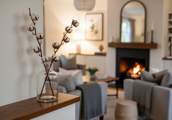 Elegant cotton stems displayed in a clear vase enhancing a cozy living room interior.