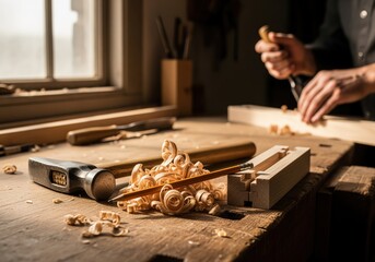 Authentic woodworking scene with hammer, pencil, and fresh wood shavings on bench