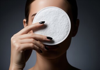 Young woman holding a large white cotton pad over her eye for beauty and skincare