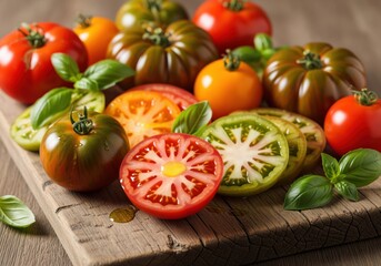 Vibrant assortment of fresh heirloom tomatoes and basil on a rustic wooden board