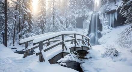 Snowy Wooden Bridge Over a Creek in a Winter Forest.
