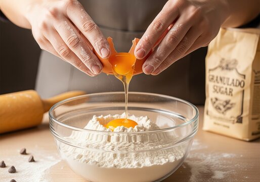 Baker cracking fresh egg into a glass bowl filled with white flour for dough preparation.