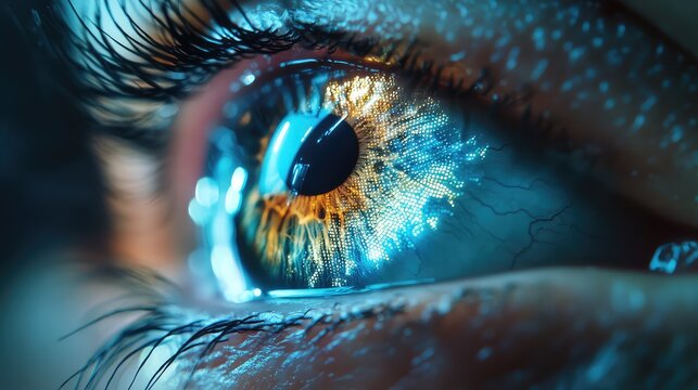 Human eye perceiving data stream in futuristic vision