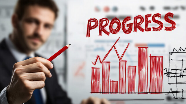 Driven professional analyzing dynamic progress chart with red pencil for growth strategy