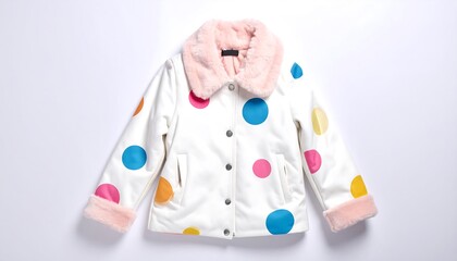 Pastel white jacket with pink fur collar and bright decorative dots