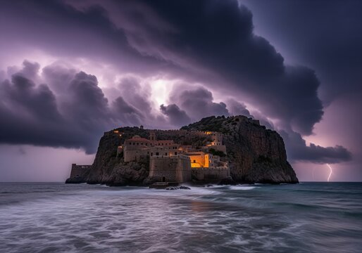 Dramatic lightning storm over a medieval fortress town built on a massive sea rock. - Powered by Adobe