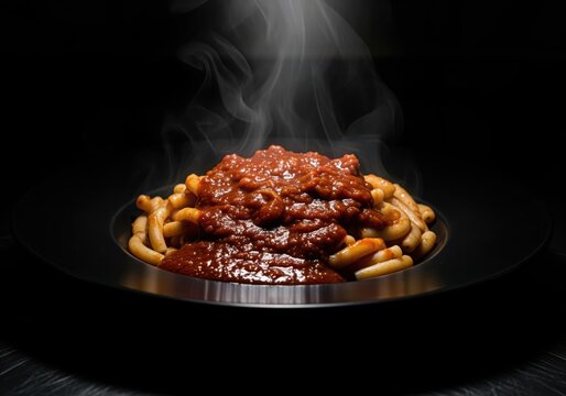 Steaming hot italian bucatini pasta with rich amatriciana sauce served dramatically on a dark plate.