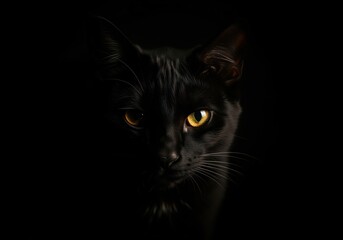 Striking low key portrait of a mysterious black cat with bright yellow eyes