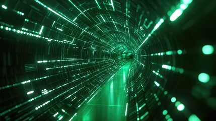 Digital data flowing through futuristic green tunnel