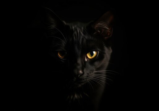 Striking low key portrait of a mysterious black cat with bright yellow eyes