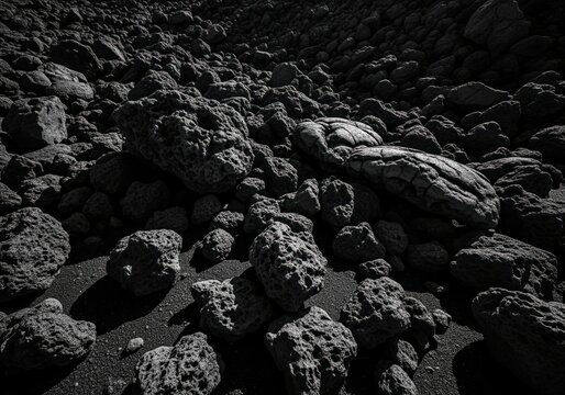 Dense field of dark porous volcanic lava rocks creating a stark monochrome texture - Powered by Adobe