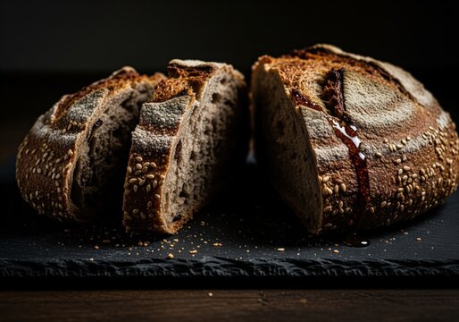 Dramatic low key photograph of rustic sliced sourdough bread with sesame seeds