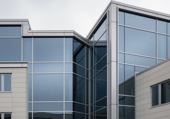 Obraz premium Modern corporate building facade featuring reflective glass curtain walls and geometric metal framing.