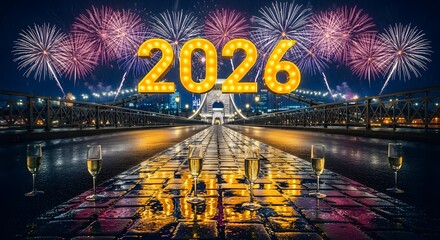 Celebrating new year 2026 with champagne on a bridge with fireworks in the background at night scene