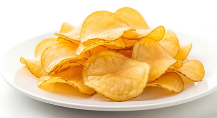 A white plate filled with a generous serving of golden potato chips, offering a tempting and classic snack option
