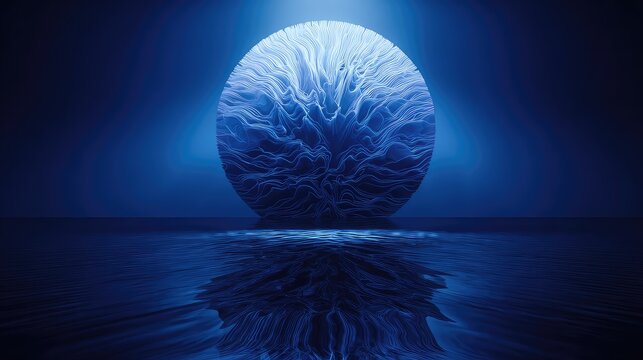 Vibrant blue digital sphere reflecting on liquid surface