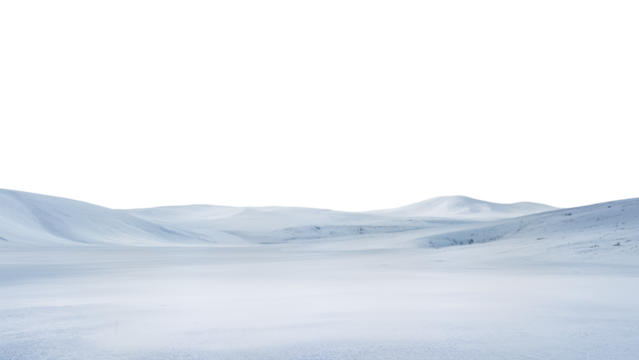 Snow-covered rolling hills under a pale sky, minimalist winter landscape evoking calm isolation and serene atmosphere. transparent background. - Powered by Adobe