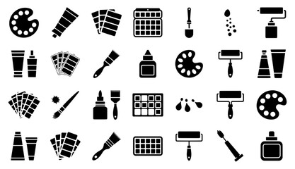 Obraz premium Black Art Supply Icons Set for Painting Design. brushes, palettes, paint tubes, rollers and color swatches. Ideal for creative hobby and craft themes. vector illustration