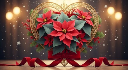 Festive poinsettia arrangement in a golden heart frame with red ribbon and falling snow for christmas holiday