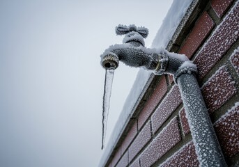Outdoor water tap covered in heavy frost and snow with a large icicle.