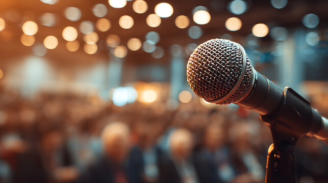 public speaker man in front of audience with microphone giving seminar lecture, congress symposium event, business presentation, knowledge sharing and corporate communication