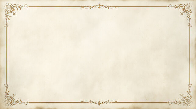 Vintage blank certificate background with ornate gold decorative border on aged parchment paper texture.