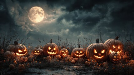 spooky halloween night with glowing jackolanterns pumpkins dark sky full moon festive atmosphere autumn holiday background eerie outdoor scene scary fun traditional decor