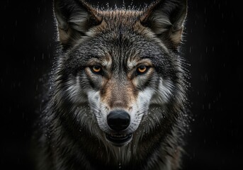 Powerful headshot of a wild gray wolf with wet fur and piercing yellow eyes.