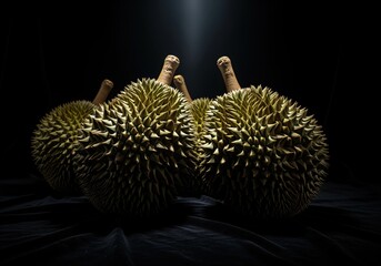 Dramatic low key studio shot of several whole durian fruits with spiky green skin.