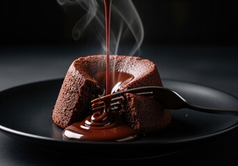 Decadent steaming chocolate lava cake with rich sauce pouring and a fork piercing it.