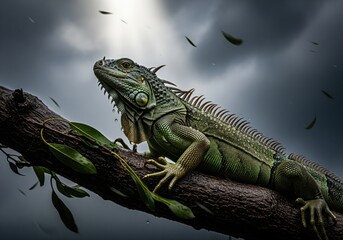 Majestic green iguana lizard resting on a wet tree branch during a dramatic storm