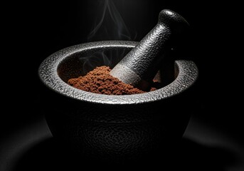Dark cast iron mortar and pestle grinding fresh coffee powder with rising steam.