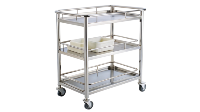 Three-tier stainless steel utility cart with storage bins.