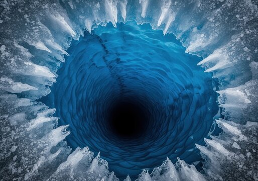 Mysterious deep blue ice shaft framed by sharp jagged icicles and frost