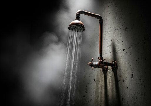 Vintage industrial copper shower running hot water and steam on dark concrete wall