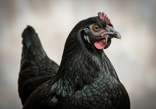 Majestic black australorp hen portrait featuring dark iridescent plumage and red comb