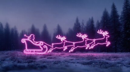 neon pink santa claus sleigh and reindeer silhouette over a snowy winter landscape christmas holiday