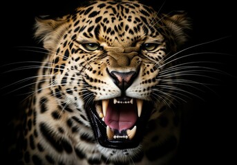 Obraz premium Intense close up of a snarling leopard roaring aggressively with bared fangs