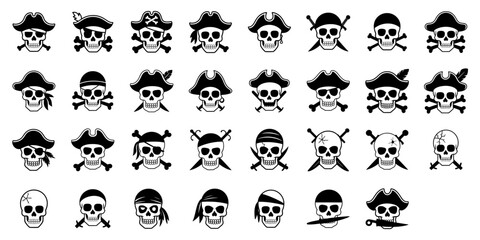Fototapeta premium Pirate Skulls With Crossed Bones Swords, Bandanas And Hats. Represents Danger, Adventure, Sea Robbery And Halloween. Vector Set Graphic Elements.