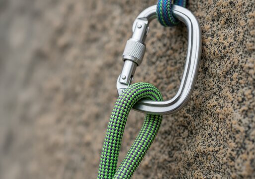 Detailed view of a silver locking carabiner securing a patterned climbing rope