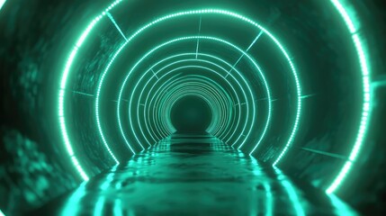 Futuristic tunnel with glowing neon teal light rings