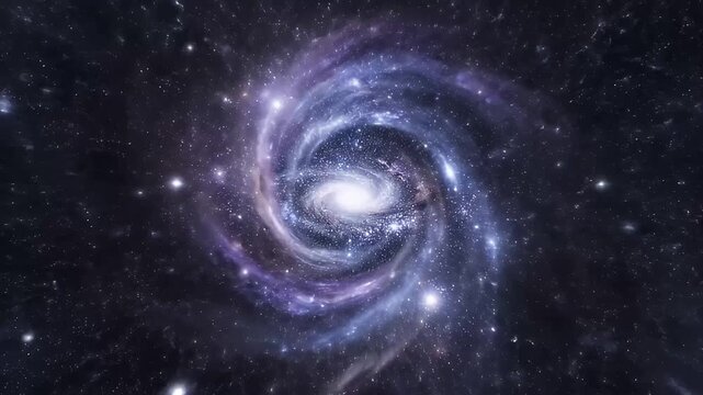A breathtaking animated view of a majestic spiral galaxy, swirling through the vastness of deep space. Bright stars and luminous cosmic dust coalesce in a vibrant display of blues, purples, and whites